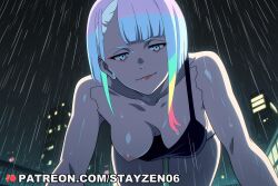 1girl ai ai_art ai_generated all_fours bare_shoulders black_tank_top blue_eyes blue_hair breast_slip breasts building city closed_mouth collarbone cyberpunk cyborg eyeliner fairy_tail from_below hanging_breasts looking_at_viewer lucy_(cyberpunk) makeup medium_breasts multicolored_hair night night_sky nipples one_breast_out outdoors rain red_eyeliner short_hair single_strap sky smile solo tank_top wet white_hair