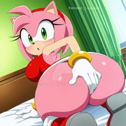 :o ai_generated amy_rose anal anal_fingering ass ass_focus back backless_dress bare_back bed bedroom bent bent_legs bent_over blush boots digging digging_up_in_they_ass dress from_behind gloves green_eyes huge_ass indoors looking_back on_bed pink_fur pink_hair red_boots red_dress sega sonic_(series)