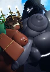 1girl1futa 2girls 3d arm_accessory brown_skin candelabra covered_eyes grey_skin horns jewelry large_breasts large_penis nipple_piercing nipples oc reinarulez roblox size_difference tagme tagme_(character)