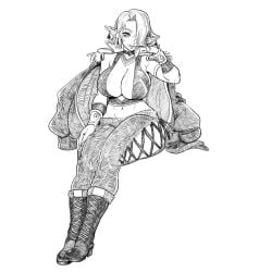 belly_button big_breasts black_and_white breasts cleavage commission deep_cleavage earrings elf elf_ears elf_female elf_girl exposed_belly exposed_midriff female female_only greyscale hair_over_one_eye hand_under_chin hips hourglass_figure hourglass_figured_female huge_breasts inner_sideboob juicy_breasts large_breasts midriff monochrome navel pointy_ears sitting sketch solo solo_female tagme_(artist) thick_thighs thigh_window thighs voluptuous voluptuous_body voluptuous_female wide_hips