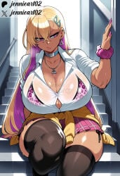 1girl ai_generated animal_print bikini bikini_under_clothes black_legwear black_thighhighs blonde_hair blush boryeon_(last_origin) bra bra_visible_through_clothes bracelet breasts bursting_breasts button_gap cardigan choker cleavage clothes_around_waist clothing collarbone collared_shirt colored_inner_hair crossed_bangs curvy dark-skinned_female dark_skin ear_piercing earrings female gyaru hair_between_eyes hair_ornament hairclip huge_breasts jennieart02 jewelry kogal large_breasts last_origin legwear leopard_print long_hair miniskirt mole mole_on_breast multicolored_hair nail_polish necklace partially_unbuttoned patreon patreon_logo patreon_username piercing pink_bikini pink_eyes pink_hair pink_nails pink_scrunchie pink_skirt plaid plaid_skirt pleated_skirt print_bikini purple_eyes purple_hair purple_nails school_uniform scrunchie see-through see-through_shirt shirt side-tie_bikini_bottom side-tie_peek sitting sitting_on_stairs skirt sleeves_rolled_up solo stairs sweat sweater sweater_around_waist swimsuit tan tanlines thick_thighs thighhighs thighs triangle_hair_ornament twitter twitter_username two-tone_hair very_long_hair watermark web_address wet_shirt white_shirt wrist_scrunchie