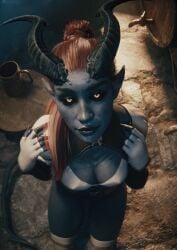 1girls 3d baldur's_gate_3 black_nails black_sclera blue_skin boob_window cleavage detailed_background dungeons_and_dragons female fingerless_gloves gloves glowing_eyes horns kneeling lakrissa long_fingernails long_hair long_nails looking_at_viewer looking_up looking_up_at_viewer medium_breasts orange_eyes pointy_ears ponytail red_hair sharp_fingernails sharp_nails son_umbasa tail tavern tavern_background tiefling