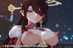 1girl ai ai_art ai_generated beidou_(genshin_impact) blush breasts breasts_out brown_hair capelet earrings eyepatch fur_trim genshin_impact grin hair_ornament hair_stick hairpin jewelry large_breasts long_hair looking_at_viewer night night_sky nipples one_eye_covered parted_lips red_capelet red_eyes single_earring sky smile solo sweat tassel tassel_earrings upper_body