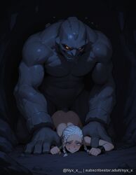 1boy 1girl ai_generated ass black_skin blue_eyes blush braid chain chained clenched_teeth colored_skin completely_nude cuffs doggystyle explicit grin hetero interspecies monster monster_boy muscular muscular_male nude nyx_x penis rape rock sex sex_from_behind shackles size_difference smile sweat teeth top-down_bottom-up