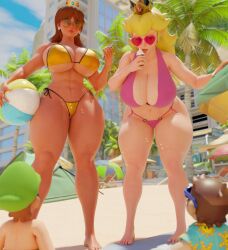 beach big_ass big_breasts bikini blonde_hair blue_eyes brown_hair giantess huckleberry8181 large_ass large_breasts larger_female luigi mario mario_(series) nintendo princess_daisy princess_peach size_difference smug tan_body tan_skin thick_ass thick_thighs