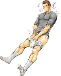 1boy bara blush brown_hair male_only masturbation muscle penis penis_grab sitting socks solo sweat taku_hiraku takuhiraku underwear white_underwear