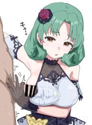 1girl 1other absurdres arm_up bar_censor black_gloves breasts brown_eyes censored cum dress flower gloves green_hair hair_flower hair_ornament hetero highres idolmaster idolmaster_million_live! idolmaster_million_live!_theater_days lace lace_gloves medium_hair morpho_paresia_(idolmaster) official_alternate_costume ohgi910 open_mouth paizuri paizuri_under_clothes penis red_flower sideways_perpendicular_paizuri simple_background sleeveless sleeveless_dress solo_focus standing sweat tokugawa_matsuri white_background white_dress