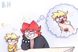 2boys age_difference ahegao ahegao_face biting_lip blonde_hair blushing censored_balls censored_genitalia censored_penis cringe gay gay_incest homosexual homosexual_male imagination imagining male male_only naked naked_male no_background nude_male ocs original original_character original_characters red_hair step-incest stepbrother thinking_about_another thinking_about_sex thinking_of_someone_else tongue_out white_background yaoi