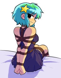 1girls arms_behind_back arms_tied bare_shoulders bdsm bedroom_eyes bondage bound bound_arms bound_legs bound_wrists breasts choker clothed clothing dress dyed_hair female hair_ornament hairclip legs_tied looking_at_viewer looking_back ramona_flowers rope rope_bondage scott_pilgrim seductive shibari shibari_over_clothes sitting sitting_on_bed smile smiling smiling_at_viewer tied_up wrists_tied