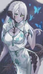 1girls au_ra breasts butterfly butterfly_on_hand chinese_clothes chinese_dress commission dragon_girl dress enporion female final_fantasy final_fantasy_xiv floral_pattern green_eyes horns long_hair scales tail white_dress white_hair xaela
