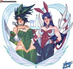 2girls abs abs_visible_through_clothing akali akali_jhomen_tethi athletic athletic_female big_breasts blue_eyes bodysuit breasts bunny_costume bunny_ears_headband bunny_tail bunnysuit commission dark_hair female female_abs female_only heart-shaped_pupils hi_res highres holding_tray hoop_earrings hoop_earrings_oversized huge_thighs irelia_xan league_of_legends legs_together long_hair looking_at_viewer muscular muscular_arms muscular_female muscular_shoulders purple_hair riot_games shinda292 simple_background smiling_at_viewer thick_thighs thigh_gap thighhighs tray white_background wine_bottle wine_glass yellow_eyes