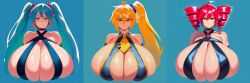 3girls ai_generated akita_neru aqua_hair big_breasts blonde_hair breasts_bigger_than_head cleavage fanloid hatsune_miku huge_breasts kasane_teto looking_at_viewer red_hair smile triple_baka_(vocaloid) utau vocaloid