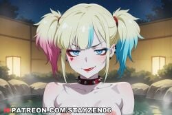 1girl ai ai_art ai_generated bathing blonde_hair blue_eyes blue_hair blush breasts bush collar collarbone completely_nude dc_comics ear_piercing earrings eyeliner eyeshadow gradient_hair heart heart_facial_mark heart_tattoo jewelry lipstick looking_at_viewer makeup multicolored_hair night night_sky nipples nude onsen outdoors pale_skin partially_submerged piercing pink_eyeshadow pink_hair red_eyeshadow red_lips rock sidelocks sky smile solo spiked_collar spikes star_(sky) starry_sky steam studded_collar twintails upper_body water wet