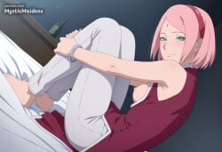 1girl ai_generated anime anime_style artist_name bare_shoulders barefoot bed blush boruto boruto:_naruto_next_generations bottle bracelet breasts breasts_out closed_mouth dutch_angle facial_mark forehead_mark from_side green_eyes hairband haruno_sakura hentai hi_res hugging_own_legs indoors jewelry knees_up looking_at_viewer mystic_maidens naruto naruto_(classic) naruto_(series) naruto_shippuden nipples no_bra on_bed open_clothes pants patreon pink_hair red_hairband sakura_haruno short_hair sitting sleeveless small_breasts smile solo white_pants