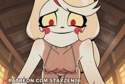 1girl ai ai_art ai_generated all_fours blonde_hair blush_stickers breasts camisole ceiling closed_mouth collarbone colored_sclera downblouse fisheye from_below hanging_breasts hazbin_hotel indoors long_hair looking_at_viewer multicolored_hair navel nipples panties pov red_eyes red_hair small_breasts smile solo streaked_hair sweat underwear upshirt very_long_hair white_hair white_panties yellow_sclera you_gonna_get_raped