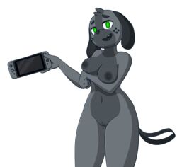 animal_ears animalization artist_name breasts cowboy_shot cute_fang dog_ears electronics female furry game_console game_controller green_eyes half-closed_eyes hand_up handheld_game_console hi_res highres holding large_breasts looking_at_viewer maypul_syrup naked navel nintendo nintendo_switch nipples no_humans nude open_mouth pussy simple_background smile solo standing switch_dog tail text textless transparent_background uncensored web_address