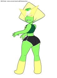 1girl 1girls accurate_art_style ass ass_focus big_ass blonde_hair cartoon_network clothed disgusted_expression female from_behind gem_(species) green_skin peridot_(steven_universe) shorts simple_background solo steven_universe the_cartoon_love