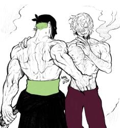 2male 2males dedama75092 gay male/male male_only no_ai one_piece roronoa_zoro smoking smoking_cigarette vinsmoke_sanji white_background