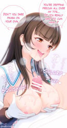 1boy 1girl absurdres artist_name bar_censor blunt_bangs blush breasts brown_hair censored collared_shirt english_text erection gloves hanamaru_rin hetero highres long_hair long_sleeves looking_at_another minamoto_natsuki nipples nukigee_mitai_na_shima_ni_sunderu_watashi_wa_dou_surya_ii_desu_ka? open_clothes open_mouth orange_eyes paizuri penis precum shirt simple_background sleeve_cuffs speech_bubble teeth tongue tongue_out upper_teeth_only white_background white_gloves