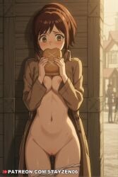 1girl ai ai_art ai_generated alley ass_visible_through_thighs blurry blurry_background blush bread breasts brown_coat brown_eyes brown_hair building cleft_of_venus coat covering_own_mouth cowboy_shot day eating embarrassed exhibitionism food hands_up hiding holding holding_food long_sleeves looking_down medium_breasts naked_coat navel nipples open_clothes open_coat opened_by_self outdoors panties panty_pull ponytail public_indecency public_nudity pussy pussy_juice pussy_juice_trail raised_eyebrows shingeki_no_kyojin solo_focus standing stomach trench_coat uncensored underwear white_panties