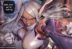 1girl 2026 2d absurd_res absurd_resolution absurdres ai_generated animal_ears bare_shoulders biceps boku_no_hero_academia breasts clenched_hand comic dark-skinned_female dark_skin english_text fur_collar gloves grin hi_res high_quality high_resolution highleg highleg_leotard highres image large_breasts leotard long_eyelashes long_hair looking_at_viewer mirko miruko motion_blur muscular muscular_female my_hero_academia parted_bangs patreon patreon_username punching rabbit_ears rabbit_girl rabbit_tail rape raped raped_by_monster raped_female red_eyes rumi_usagiyama sleeveless sleeveless_turtleneck sleeveless_turtleneck_leotard smile solo_focus speech_bubble superhero tail taut_leotard teeth turtleneck_leotard uncensured veins veiny_arms watermark web_address white_gloves white_hair white_leotard xdomikami