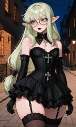 ai ai-created ai_art ai_assisted ai_generated black_dress black_gloves black_lipstick black_long_gloves daughter elf elf_ears elf_female elf_girl elf_princess exposed_thighs garter_belt garter_straps glasses glasses_on_face goth goth_dress goth_elf goth_girl gothic green_eyes green_hair hips light_green_eyes light_green_hair looking_away neighborhood petite petite_body petite_female pointy_ears thighs young_elf