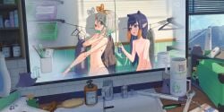 2girls bathing bathing_together cecilia_immergreen flat_chest hololive hololive_english joints mirror ninomae_ina'nis nipples purple_hair short_hair wholesome