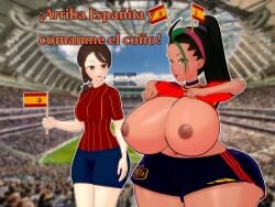 2girls 3d big_ass big_breasts fat_ass hyper hyper_ass hyper_breasts juliana_(pokemon) koikatsu massive_breasts nemona_(pokemon) pokemon pokemon_sv spain spanish_text ultimaxrenstash world_cup