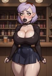 ai_generated amity_blight bimbo bimbo_body bimbo_lips bimbofied black_lips embarrassed female female_focus fully_clothed hourglass_figure hourglass_figured_female huge_ass huge_breasts interior large_ass large_breasts purple_hair scared scared_expression skirt solo solo_female the_owl_house thick_ass thick_hips thick_legs thick_thighs