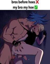 1femboy 2boys anal anal_penetration anal_sex androgynous ass_grab blonde_hair blush blushing bob_cut bottomless cum cum_in_ass cumming_from_anal_sex dominant domination femboy femboy_penetrated femboysub feminine_faced_male feminine_male finger_in_mouth fingers_in_mouth galo_thymos gay gay_sex grabbing_ass lio_fotia male meme meme_caption petite petite_body petite_male promare saliva saliva_string short_hair short_male size_difference slim slim_male slim_waist small_penis text thin_waist twink yaoi