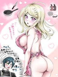 ahoge akamatsu_kaede apron ass back big_breasts blond_hair blonde_female blue_eyes blush breasts danganronpa danganronpa_v3 dark_hair green_eyes hair_ornament hearts japanese_text kitchen_knife knife looking_back moon0771110 mouth_open naked_apron nose_bleed pan saihara_shuuichi sideboob simple_background tagme
