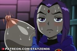 1girl ai ai_art ai_generated blue_cape blue_cloak blush bouncing_breasts breasts cape cloak close-up closed_mouth colored_skin forehead_jewel frown grey_skin hood large_breasts looking_at_viewer nipples perky_breasts puffy_nipples purple_eyes purple_hair raven_(dc) short_hair solo sweat teen_titans