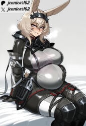 1girl ai_generated animal_ears arknights arknights:_endfield avywenna_(arknights:_endfield) big_belly black_gloves black_skirt blonde_hair blue_eyes blush bodysuit breasts clothing covered_navel crossed_bangs female gloves grey_background grey_eyes grin hair_between_eyes hairband hand_on_own_stomach headband huge_breasts jennieart02 large_breasts long_sleeves looking_at_viewer medium_hair mole parted_lips patreon patreon_logo patreon_username pleated_skirt pregnant rabbit_ears rabbit_girl rabbit_tail short_hair sitting skin_tight skirt smile solo sweat tail thick_thighs thighhighs thighs twitter twitter_username watermark