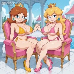 2girls ai_generated ass bare_hips bare_legs bikini bikini_bra bikini_thong blonde_hair blue_eyes blush breasts castle couch crown curvy earring femenine groin half_closed_eyes high_heels hips holding_hands knees legs mario_(series) nintendo pink_bikini pink_heels pink_high_heels pink_thong pool princess princess_daisy princess_peach rooftop sassy sitting smile smirk tomboy yellow_bikini yellow_bra yellow_heels yellow_high_heels yellow_thong