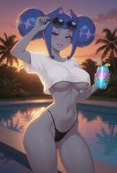 1girl ai_generated bikini_bottom blue_hair blush breasts cocktail crop_top drink eyeshadow glitch_productions gta_vi_cover_girl guinevere gwen_(knights_of_guinevere) hair_buns highres holding_glass huge_breasts knights_of_guinevere looking_at_viewer micro_bikini palm_trees poolside princess_guinevere purple_eyes purple_lipstick seductive_smile smile solo standing star_hair_ornament sunglasses sunset twintails underboob white_shirt