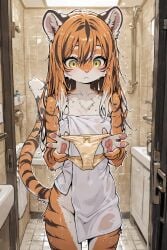 ai_generated anthro feline female furry furry_female holding_object miragetheone panties presenting_panties shower skinny solo tiger towel wet wet_body