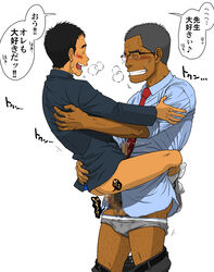 2boys age_difference anal back_hair blush body_hair bottomless cum cum_in_ass cumdrip frottage gay glasses grey_underwear japanese lifting male male/male male_only multiple_boys necktie open_mouth penetration school_uniform sex size_difference socks student sweat taku_hiraku takuhiraku teacher text translation_request underwear yaoi