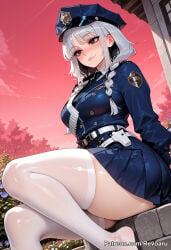 1girl ai_generated fate/grand_order fate/strange_fake fate_(series) female francesca_prelati_(fate) mature_female police police_uniform policewoman revoaru thick_thighs thighs white_hair