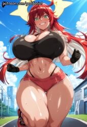 1girl ai_generated bare_midriff bokeh_background breast_bounce curvy dynamic_pose explicit gaddariat guilty_gear guilty_gear_strive guilty_gear_xrd huge_breasts jack-o'_valentine jiggling_breasts micro_shorts nsfw patreon running_outfit running_shoes shiny_fabric skin_tight skindentation slim_waist solo sports_bra sweat thick_thighs