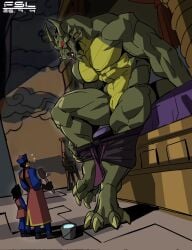 bed claws demon detailed_background dragon fansl green_scales jackie_chan_adventures muscular muscular_anthro muscular_male red_eyes reptilian sharp_teeth shendu shorts size_difference slit speech_bubble speech_bubbles taking_clothes_off text text_bubble tongue_out two-tone_body yellow_scales
