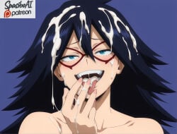 1girl after_fellatio ai_generated black_hair blue_background blue_eyes blush boku_no_hero_academia bukkake collarbone cum cum_in_mouth cum_on_body cum_on_hair cum_on_hands cum_on_tongue cumdrip domino_mask facial fingernails hair_between_eyes long_hair looking_at_viewer mask midnight_(my_hero_academia) mole mole_under_eye my_hero_academia nail_polish nemuri_kayama nude open_mouth pink_nails portrait simple_background smile solo spasibo15 teeth tongue tongue_out upper_teeth_only