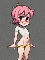 ai_generated arched_back ass ass_cleavage ass_crack ass_up butt_cleavage butt_crack flat_chest minishorts narrow_waist petite pink_hair pulling_down_pants red_eyes short_hair skullgirls smile umbrella_(skullgirls) undressing white_shirt yellow_shorts