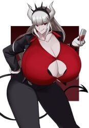 1girls bangs big_breasts blunt_bangs breasts breasts_bigger_than_head busty cleavage clothed clothing collarbone demon_girl demon_horns demon_tail emmarrgus eyebrows eyebrows_visible_through_hair eyelashes female female_focus female_only gigantic_breasts hand_on_hip helltaker horns huge_breasts large_breasts licking_lips light-skinned_female light_skin long_hair lucifer_(helltaker) mole mole_under_eye red_eyes simple_background solo solo_female solo_focus tail thick_thighs thighs top_heavy top_heavy_breasts white_hair wine