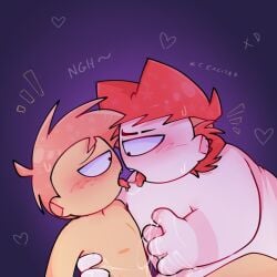 2boys boy_on_bottom boy_on_boy boy_on_top fat_male fluids fluids_genitals friends_with_benefits gay holding_back homosexual homosexual_male looking_at_another looking_at_partner male male_only male_penetrating_male moaning moaning_male naked nude nude_male oc ocs original original_character original_characters purple_background saliva saliva_string submissive_male tongue_out twink yaoi