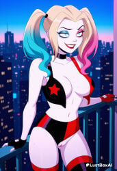 1girls ai_generated black_choker blonde_hair blue_eyes blue_hair breasts choker clothing_aside dc dc_comics eyeshadow female_human fingerless_gloves gloves harley_quinn harley_quinn_(series) hi_res large_breasts lipstick lustboxai makeup multicolored_hair navel pale_skin pink_hair pussy red_lips shorts smile solo sweat thighhighs twintails uncensored