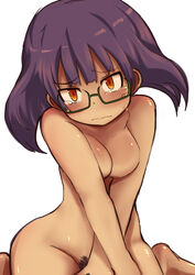 character_request copyright_request covering female glasses nude pubic_hair purple_hair simple_background solo tears tenteco_(covamin) wavy_mouth white_background