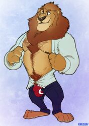 1boy anthro beard body_hair bulge chest_hair clothed clothing disney facial_hair feet feline hair happy_trail kihu leodore_lionheart lion male male_only mammal mane muscular muscular_male nipples open_clothes open_shirt paws pecs pubes red_underwear shirt simple_background smile solo standing toes underwear undressing zootopia