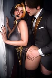 1boy 1girls 2026 ai_animation ai_generated black_legwear breasts dark-skinned_female dark_skin doggy_style domina garter_straps indoors jewelry large_breasts leshay7 lingerie makeup open_mouth overwatch overwatch_2 pussy_juice sex straight tagme thighhighs video video_games
