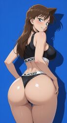 ai_art ai_generated anime big_ass big_booty big_butt blacked blacked_clothing blue_background blue_eyes booty brown_hair comic detective_conan female female_only pawg ran_mouri round_ass round_butt
