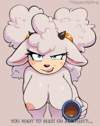amy_rose anthro coffee lanolin_the_sheep mobian mobian_(species) mobian_sheep nipples sheep sonic_(series) sonic_the_hedgehog_(series) text topless triggerpigking